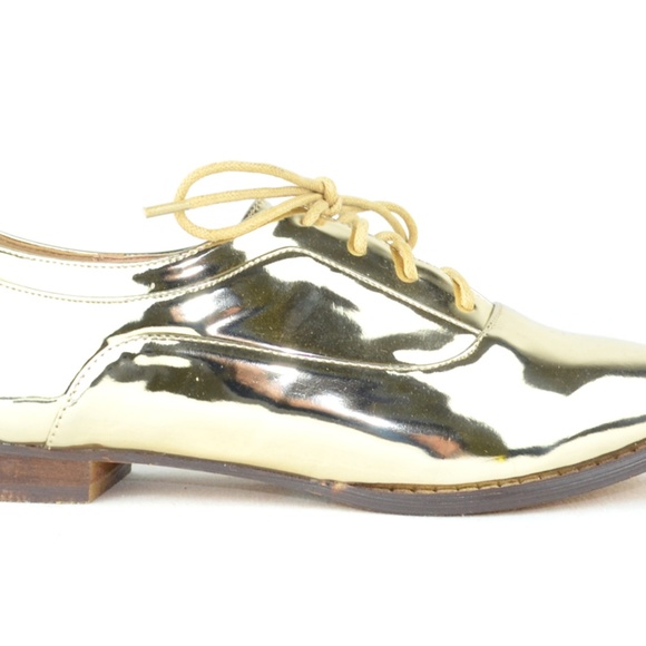 NEW Women's Gold Lace Up Low Stacked OXFORD Loafer - Picture 4 of 5